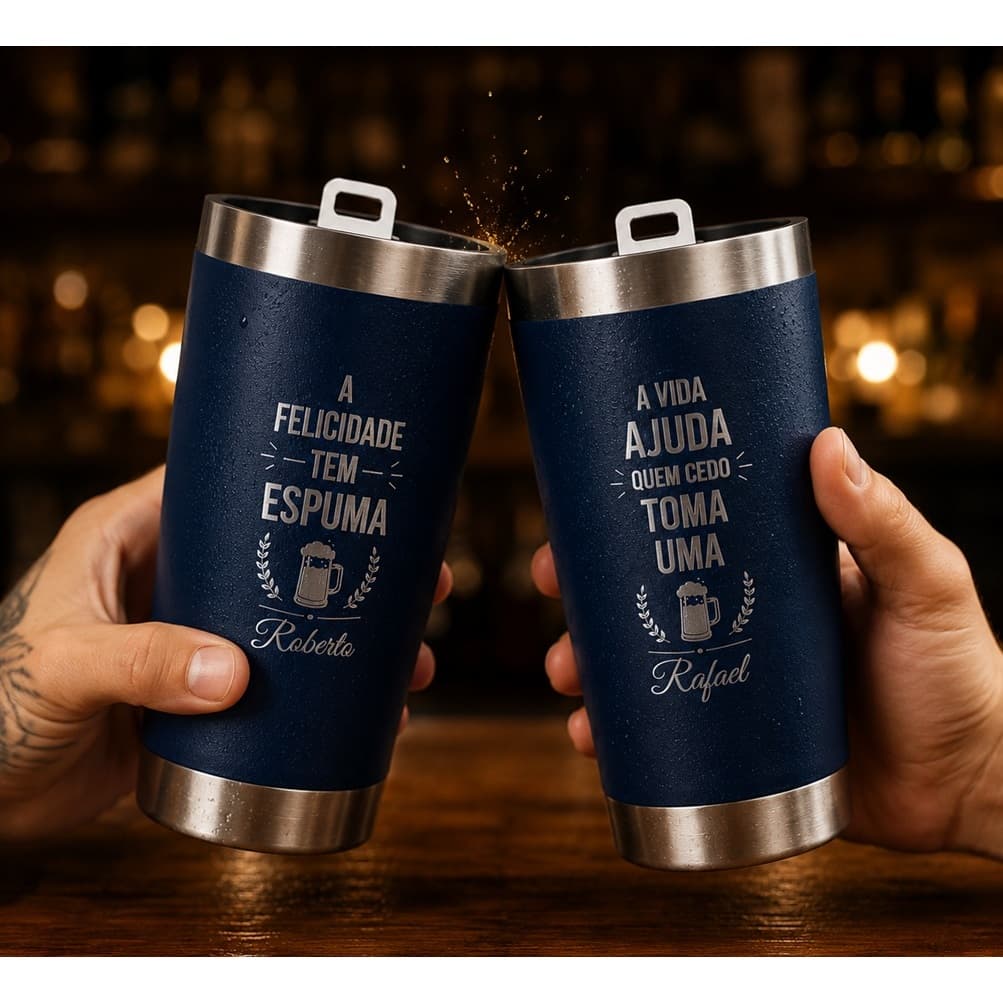 Copo Térmico Cerveja Personalizado Gravação Laser Inox 473ml Com Tampa Abridor - Copo Azul Marinho