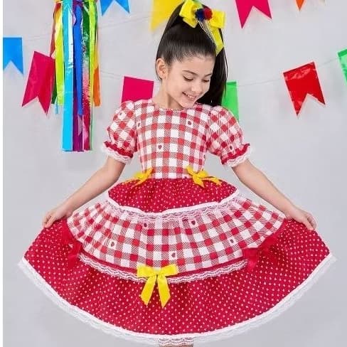 Vestido Junino Infantil Luxo Xadrez Floral Festa Junina Menina Caipira São João Roupa Temática Princesa