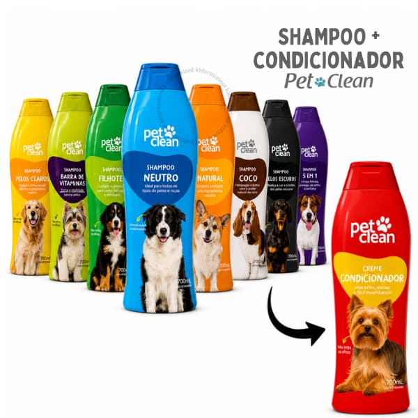 Kit Banho Shampoo e Creme Condicionador Pet Shop Pelos Cachorro Pet Clean