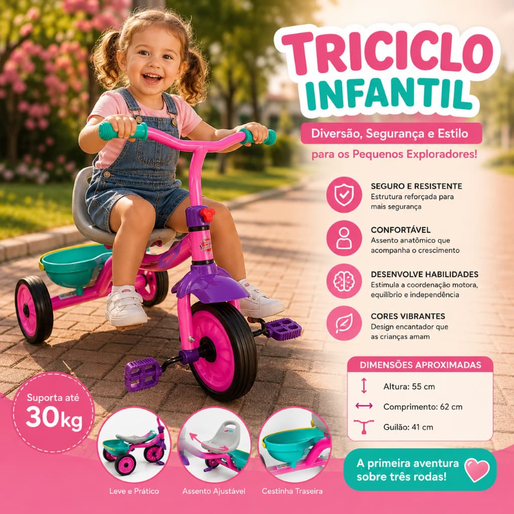 Triciclo Infantil Rosa Seguro Confortavel Estrutura Resistente Diversao Crianças