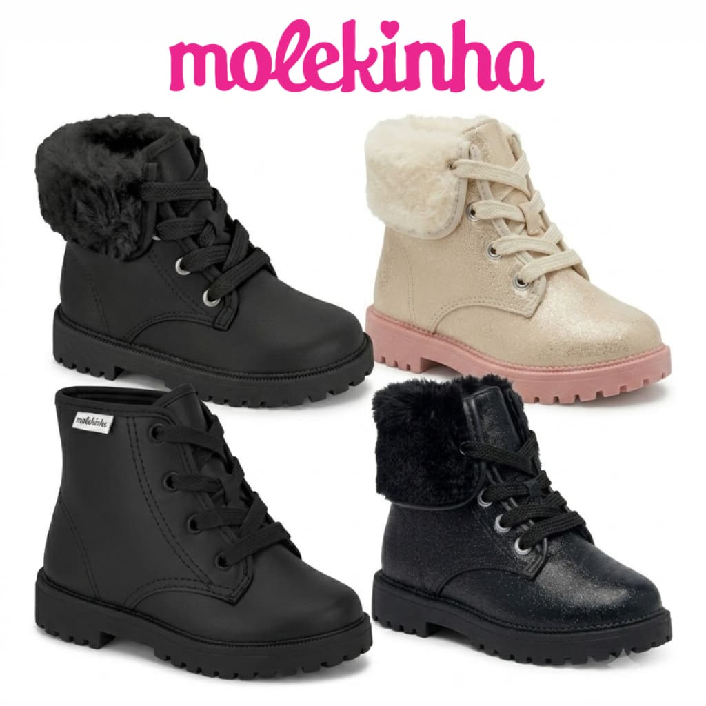 Coturno Infantil Molekinha Menina Bota Pelinho Confortável Cano Curto Casual Macia Tratorada