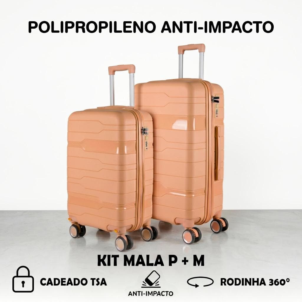Kit Mala Viagem P+M Polipropileno (Bordo 10kg + Despachar 23kg) Troia Inquebrável Expansível TSA 360