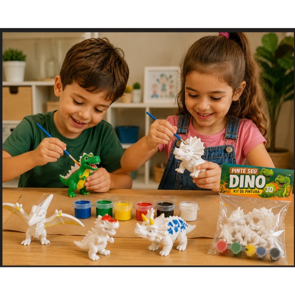 Kit Pinte Seu Dino Articulado Infantil | Dinossauro Para Colorir com Tinta Guache e Pincel