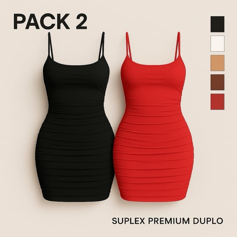 Kit 2 Vestidos Tubinho Feminino Suplex Premium Forro Duplo Plissado– Modela, Não Transparente e Valoriza Estilo Gringa