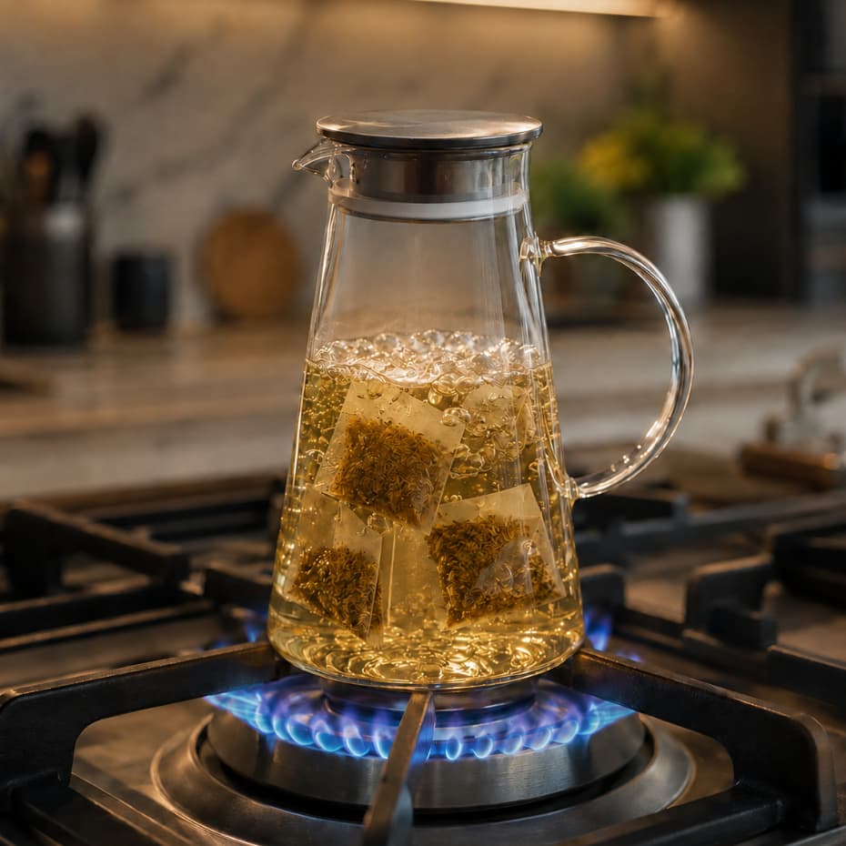 Jarra Chaleira de Vidro 1,9L Vai ao Fogo Tampa Inox com Difusor para Chá Café Sucos