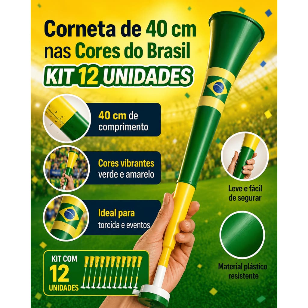 Kit Corneta Vuvuzela Grande 40cm Brasil Verde Amarela para Torcida Festa Copa Atacado Revenda