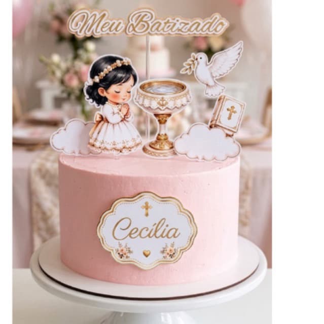 Topo de Bolo Batizado Menina Personalizado com Nome | Cake Topper |Enfeite para bolo Batismo Anjinha