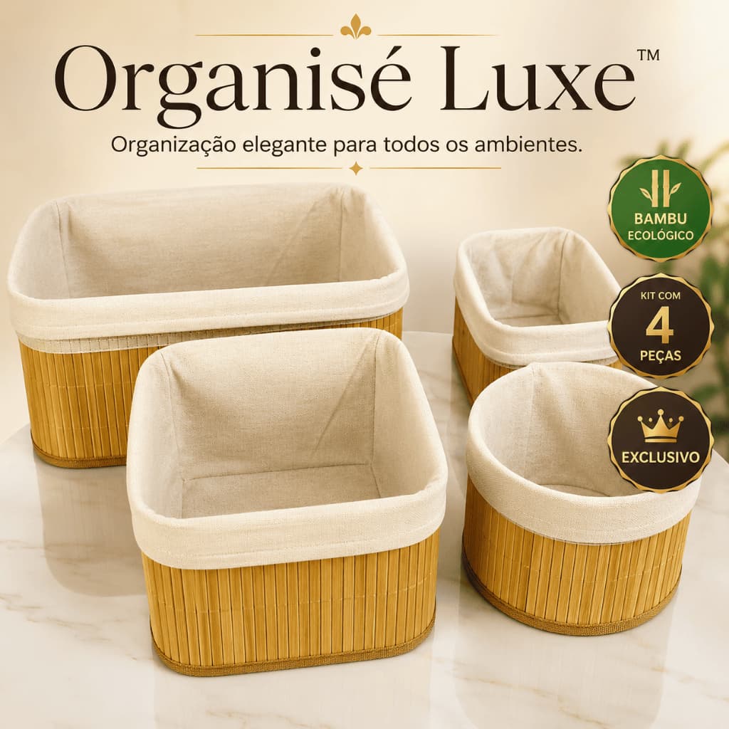 Kit 4 Cestos Organizadores Bambu Ecológico Multiuso Decorativo para Banheiro Cozinha Quarto Sala Escritório