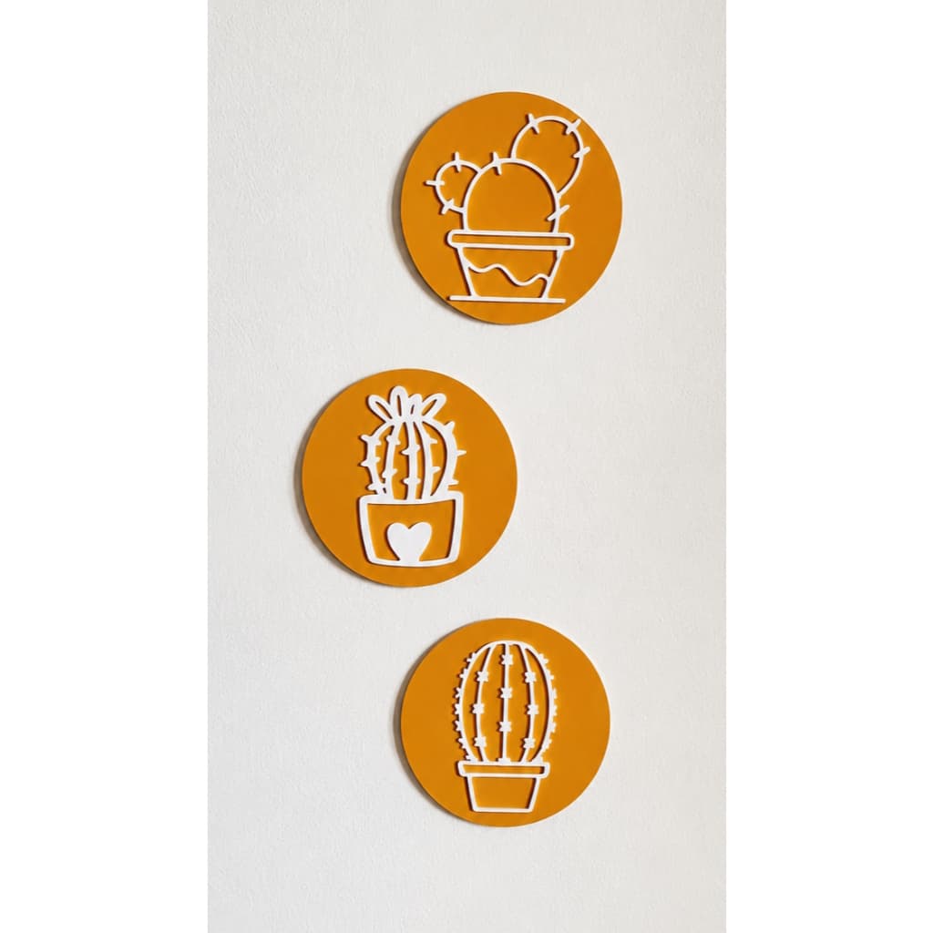 Trio Quadros Decorativos Redondos MDF 3mm Cactos - Kit 3 Peças 12x12cm Amarelo