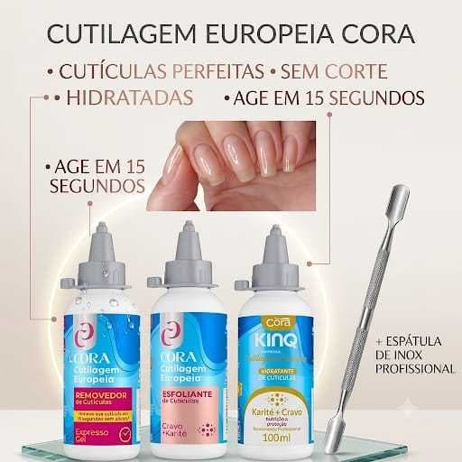 Cutilagem Europeia: Kinq Hidratante, Kinq Esfoliante, Kinq Removedor de Cutículas+ Espatula Dupla