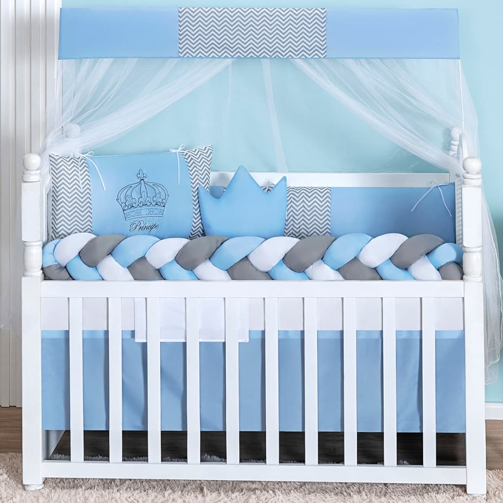 Kit Berço Completo 7 Peças Slim Coroa Azul Bebê | Enxoval Menino Padrão Americano Premium