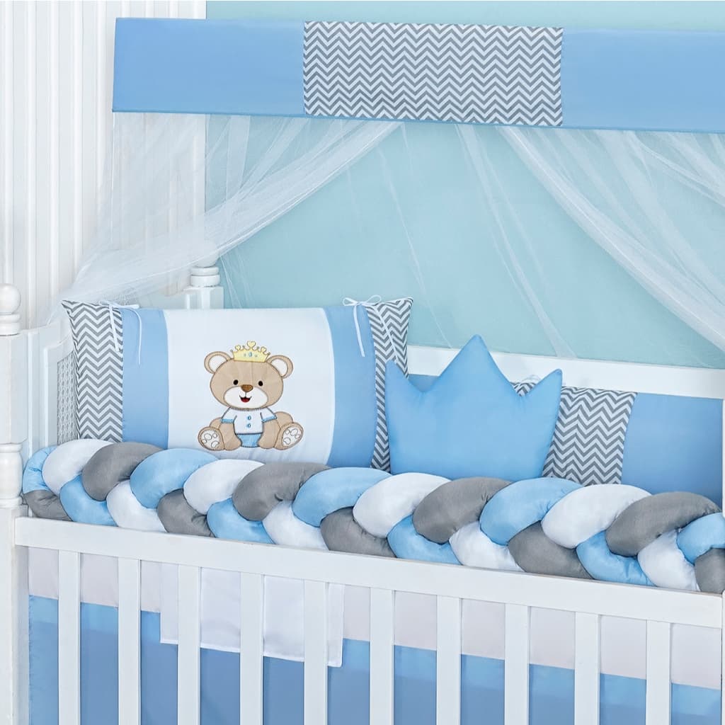 Kit Berço Completo 7 Peças Slim Urso Coroa Azul Bebê | Enxoval Menino Padrão Americano Premium
