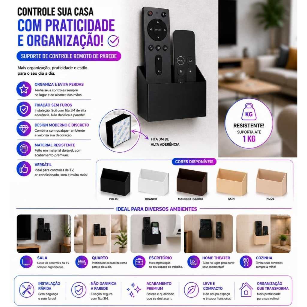 Kit 2 Suportes de Parede para Controle Remoto – Organizador Adesivo com Fita 3M 3D