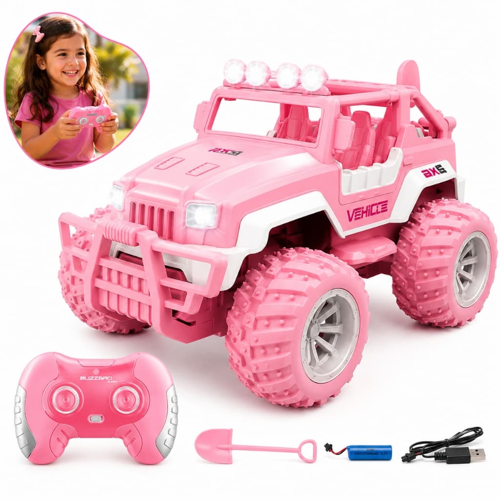 Carrinho Controle Remoto Jipe Rosa Para Menina Recarregável Bateria Off Road Jeep Kizumba
