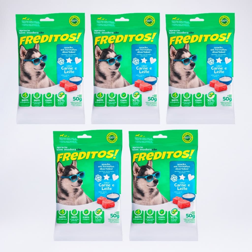 KIT 5 X -SNACKS FREDITOS CÃO - SABOR CARNE E LEITE - 50 G