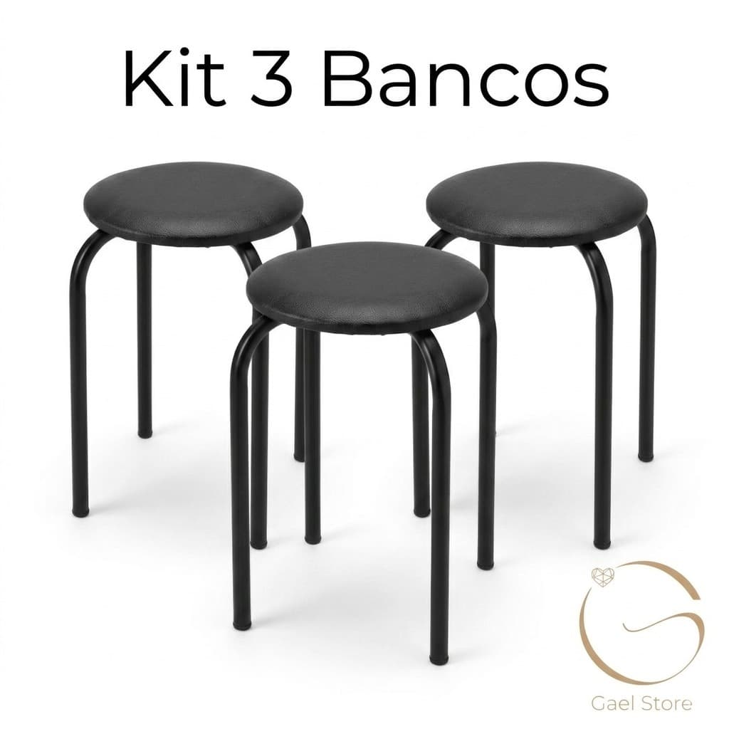 Kit 3 Banquinhos Estofados Courino Banco Multiuso Ferro Preto Sala Cozinha Área Gourmet