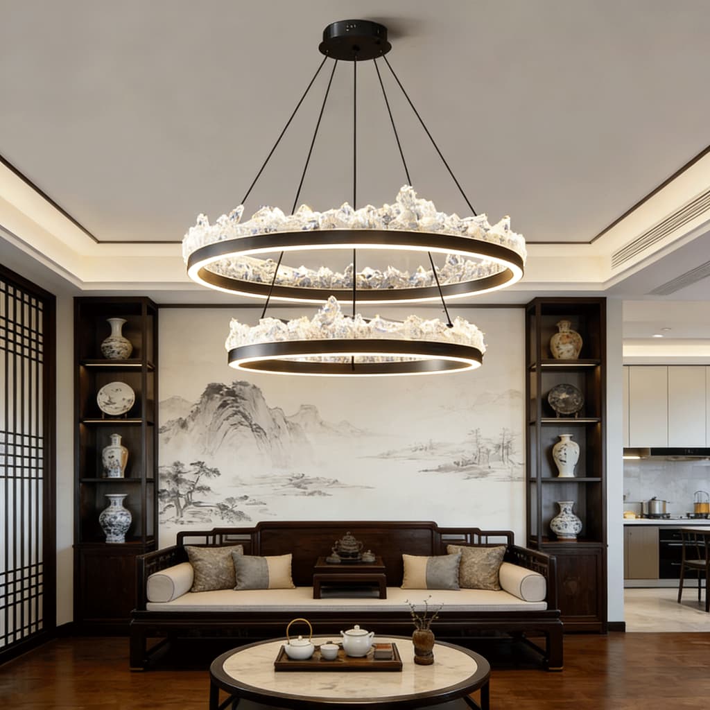 Pendente Lustre Luxo Cristal Moderno 2 Anéis Luminária de Led Teto 3000K 4500K 6000K Bivolt Com controle remoto