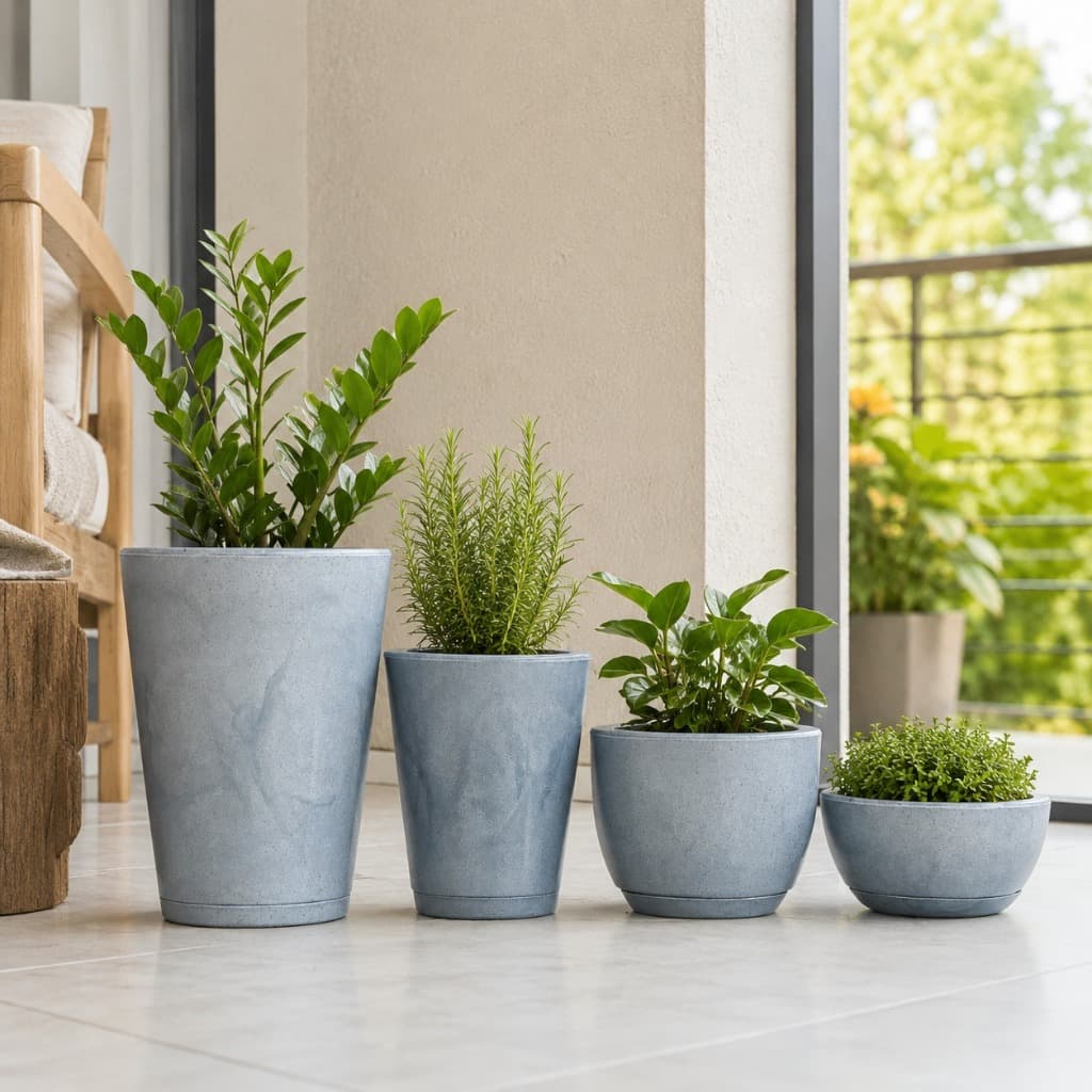 Kit Jogo 4 Vaso de Planta Decorativo Coluna Estilo Vietnamita Liso Polido Prato Interior e Exterior