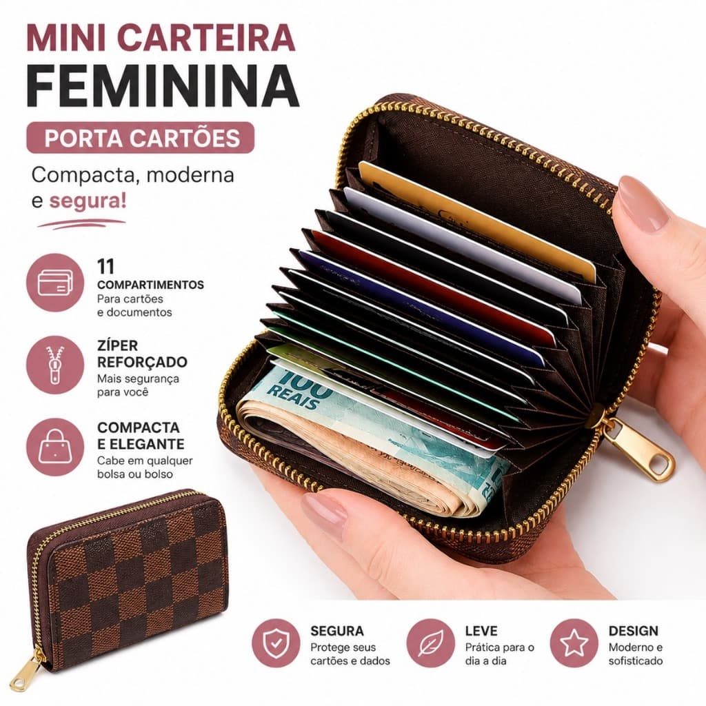 Mini Carteira Feminina Porta Cartão - Porta Dinheiro - com Zíper Compacta Moderna e Segura
