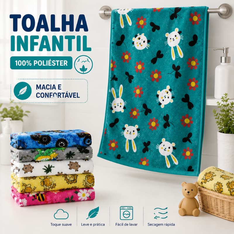 Toalha Infantil 100% Poliéster Macia Estampada Escola Creche Passeio 65x120cm |1459| Novidade