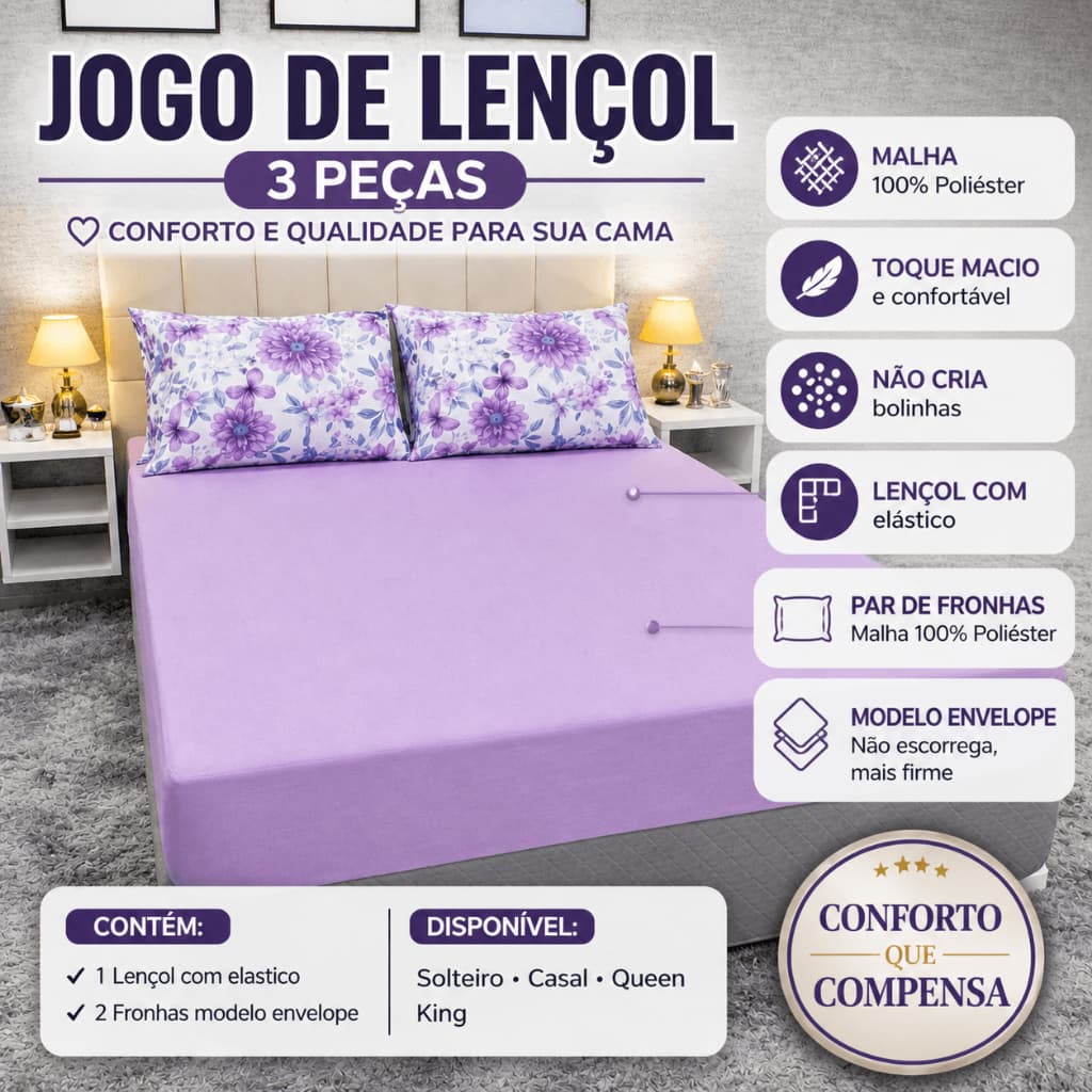 Lençol Queen Size Com Elástico 3 Peças 300 Fios Acetinado