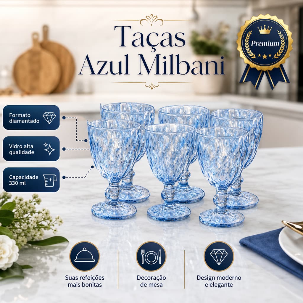Kit 6/ 12 Copos Taças Diamond Vidro Azul 330 ml Bebidas Elegância Resistente Durável Sofisticado
