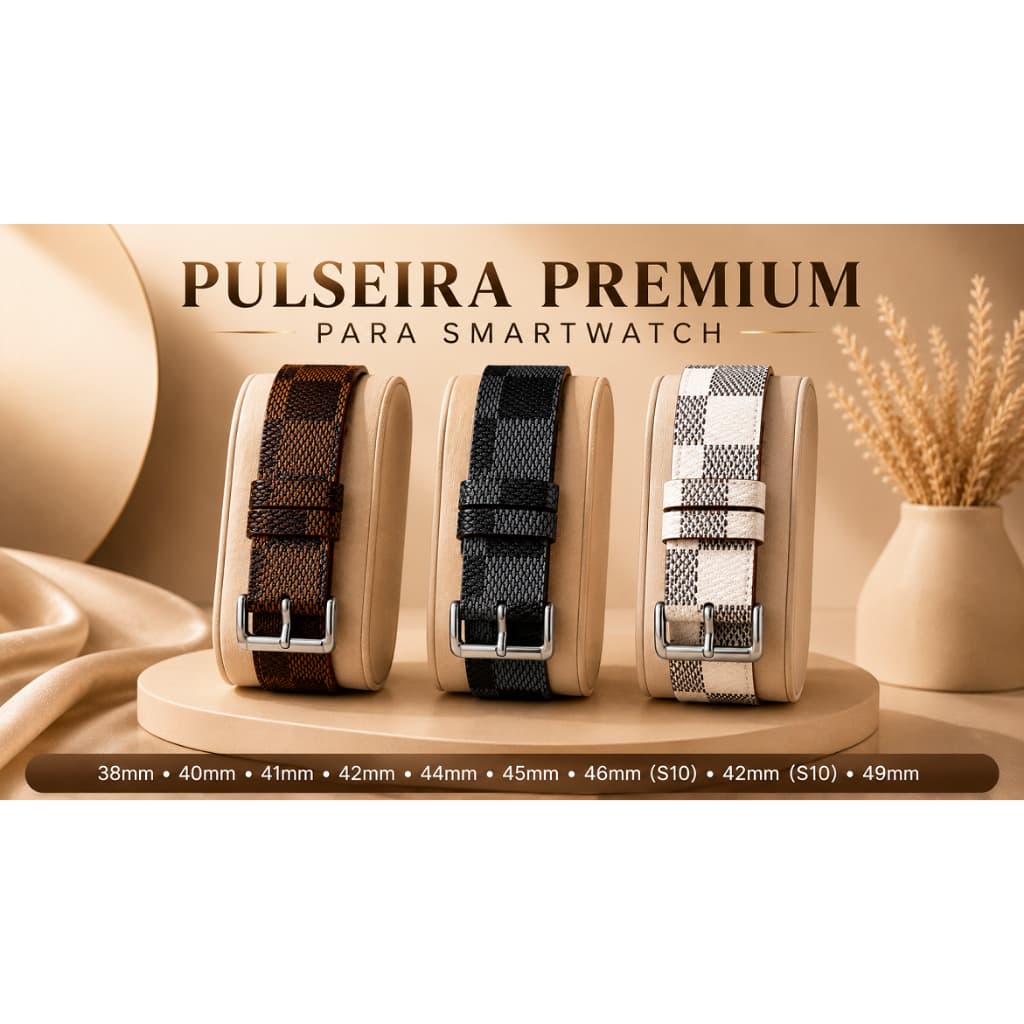 W.BILL Pulseira Premium Couro Xadrez para Apple Watch 38mm a 49mm | Luxo e Conforto