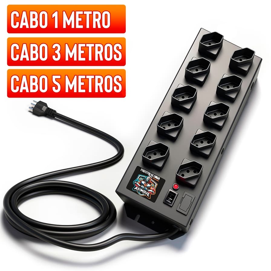 Filtro de Linha 10 Tomadas Espaçadas (Extensão 1mt 3mt 5mt) Profissional Metal Preto