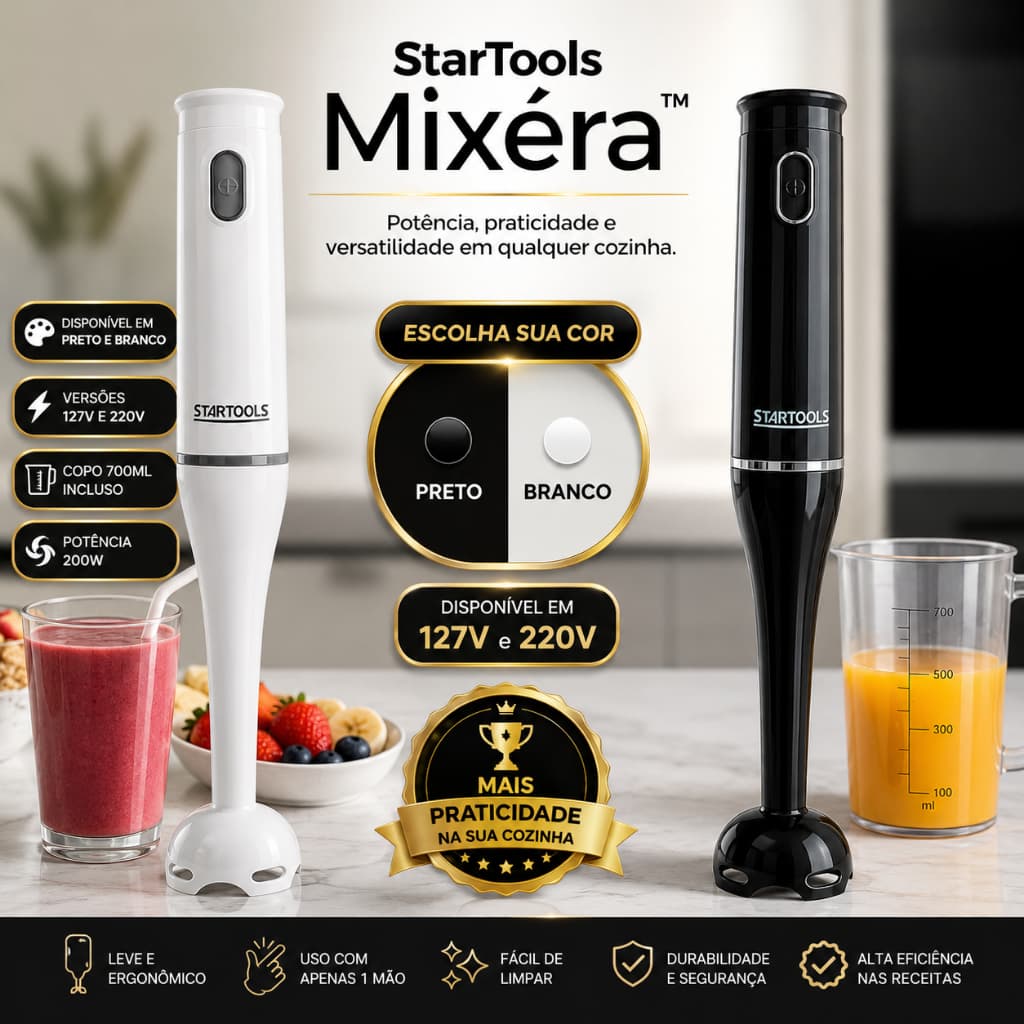 Mixer Elétrico Mixéra Alto Desempenho Portátil Copo 700ml Batedor Triturador Shakes Sopas 127V/220V