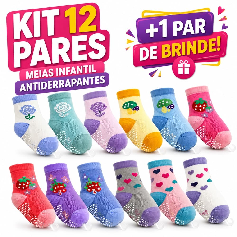 KIT MEIA INFANTIL MENINA BEBE CRIANÇA 12 PARES ANTIDERRAPANTE COM BRINDE