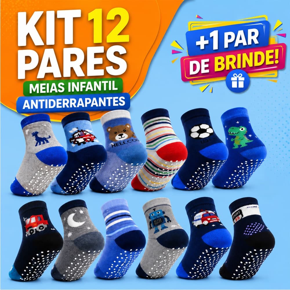 Kit Meia Infantil Bebê Criança Menino 12 pares com Brinde