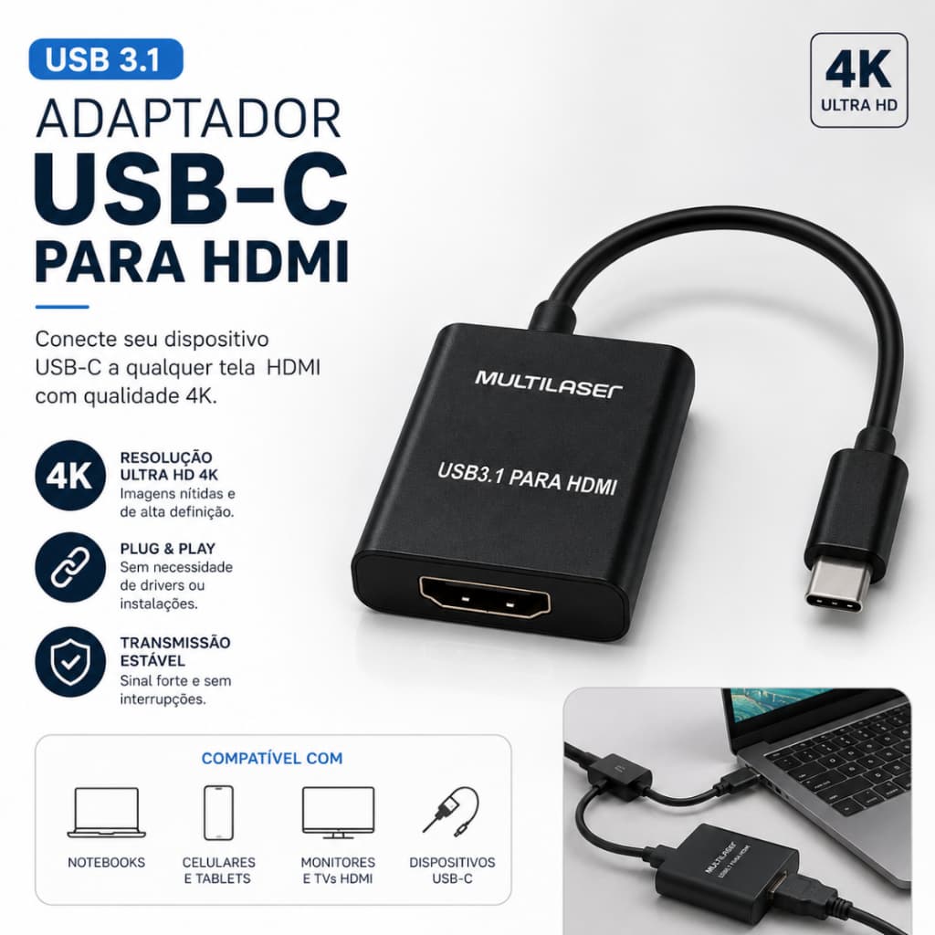 Adaptador USB-C Para HDMI 4K 60Hz Cabo 3.1 HDTV Laptop MacBook Notebook TV Projetor Tablet Monitor Macho Para Fêmea