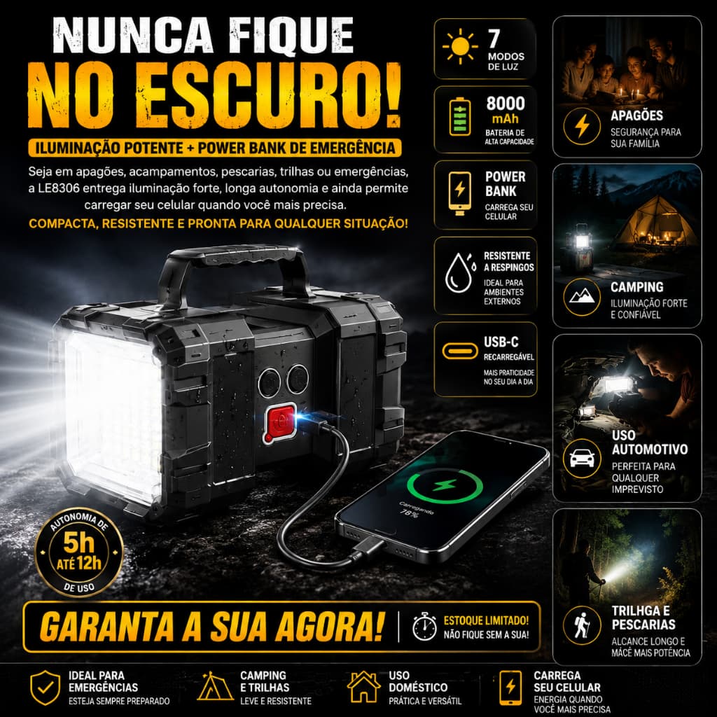 Lanterna Holofote LED Recarregável 8000mAh Power Bank USB-C 7 Modos LE8306