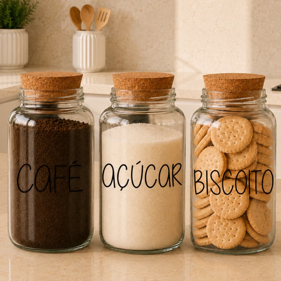 Kit Cantinho do Café – 3 Potes de Vidro 810ml com Tampa de Rolha | Café, Açúcar e Biscoito.