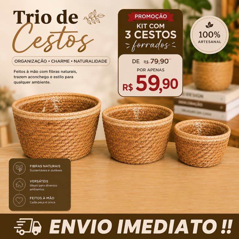 Cesto Cachepot Palha Natural Seagrass Forro Plástico Para Vaso Flores Decoração Sala Quarto 20x20x13cm