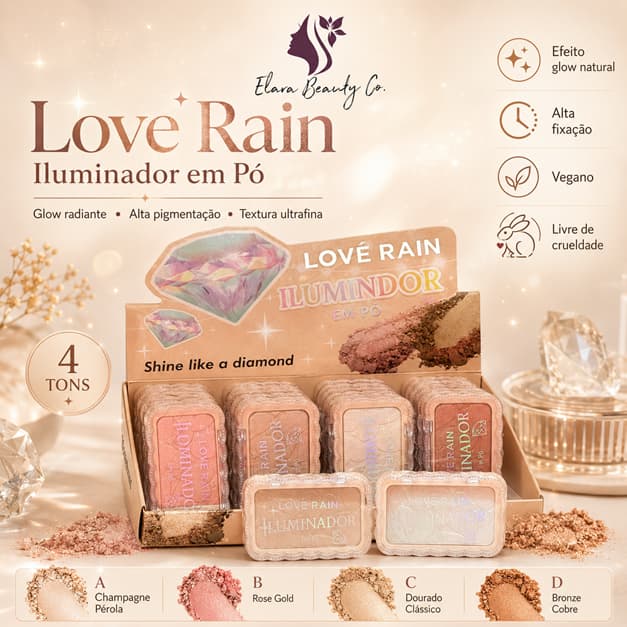 Iluminador em Pó Love Rain 4 Tons Glow Maquiagem Alta Pigmentação Vegano Rose Gold Dourado Bronze