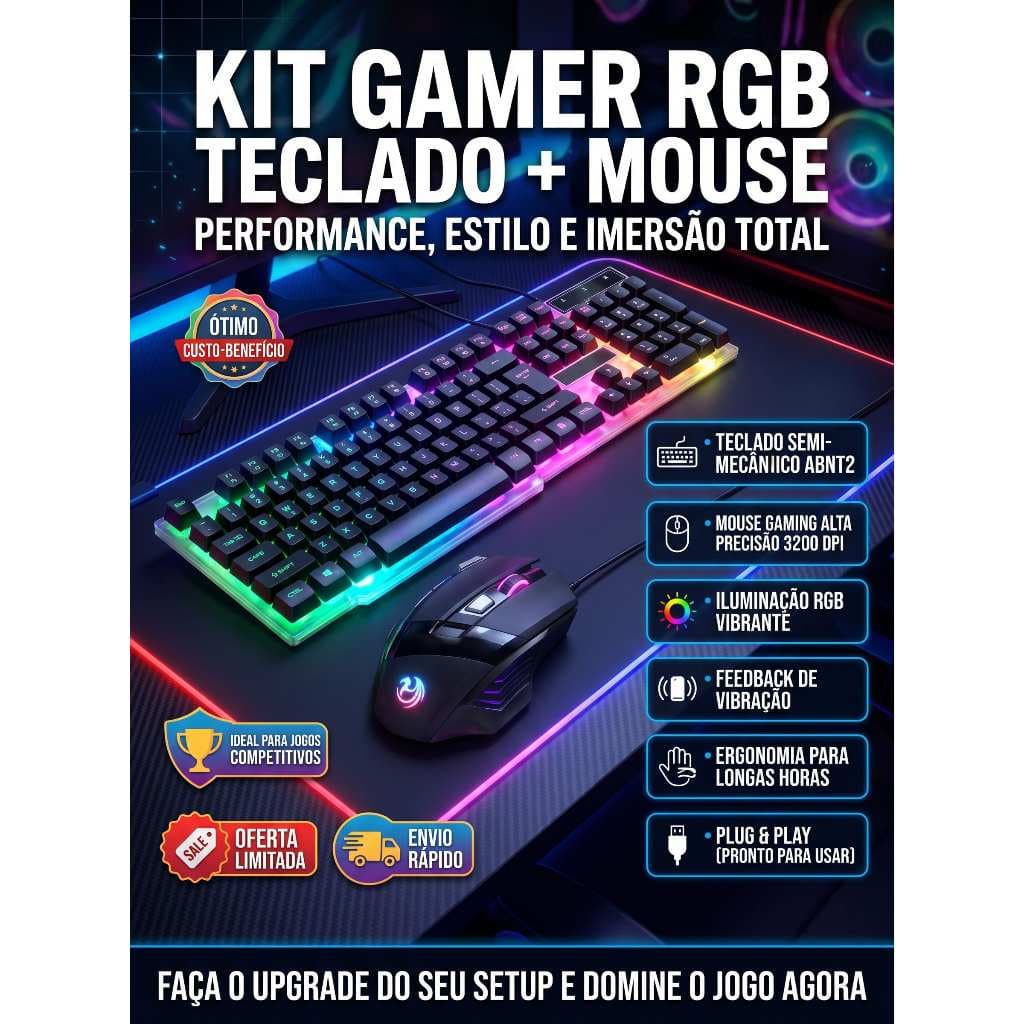 Kit Gamer RGB Teclado e Mouse Semi Mecânico ABNT2 LED 3200 DPI Alta Precisão Ótimo Custo Benefício