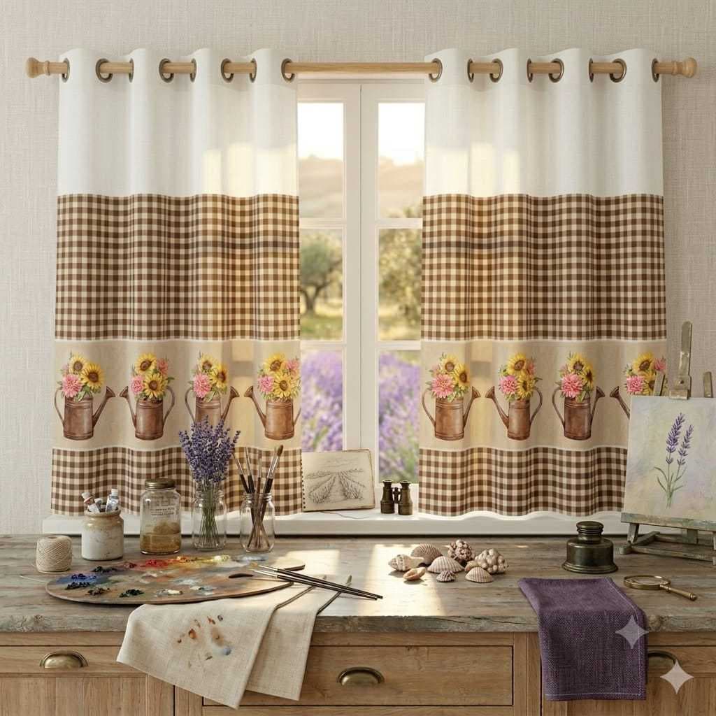 Cortina de Cozinha Estampada Floral Xadrez com Ilhos 1,50x 1,30 E 1,50X 1,80