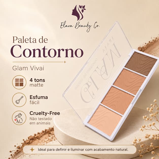 Paleta de Contorno Glam Vivai 4 Tons Matte Cruelty Free Pó Compacto Facial Esfuma Fácil Maquiagem