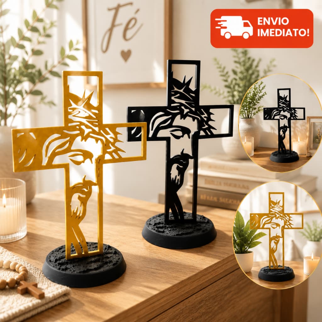 Cruz Decorativa Rosto de Cristo Impressão 3D Decoração PLA Biodegradável Dourada ou Preta BASE REDONDA