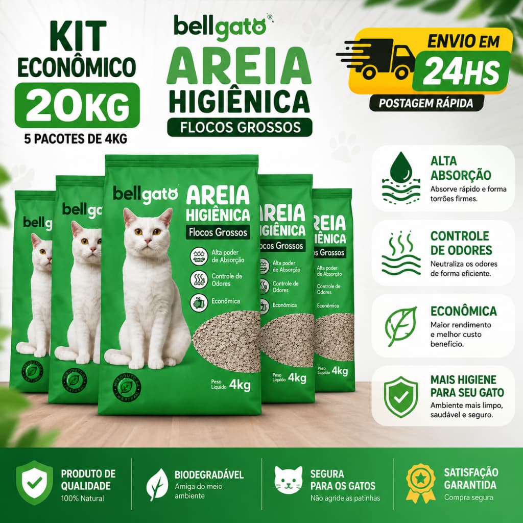 Kit 5 Areias Sanitárias Bellgato 4kg Flocos Grossos Controle de Odores 20kg