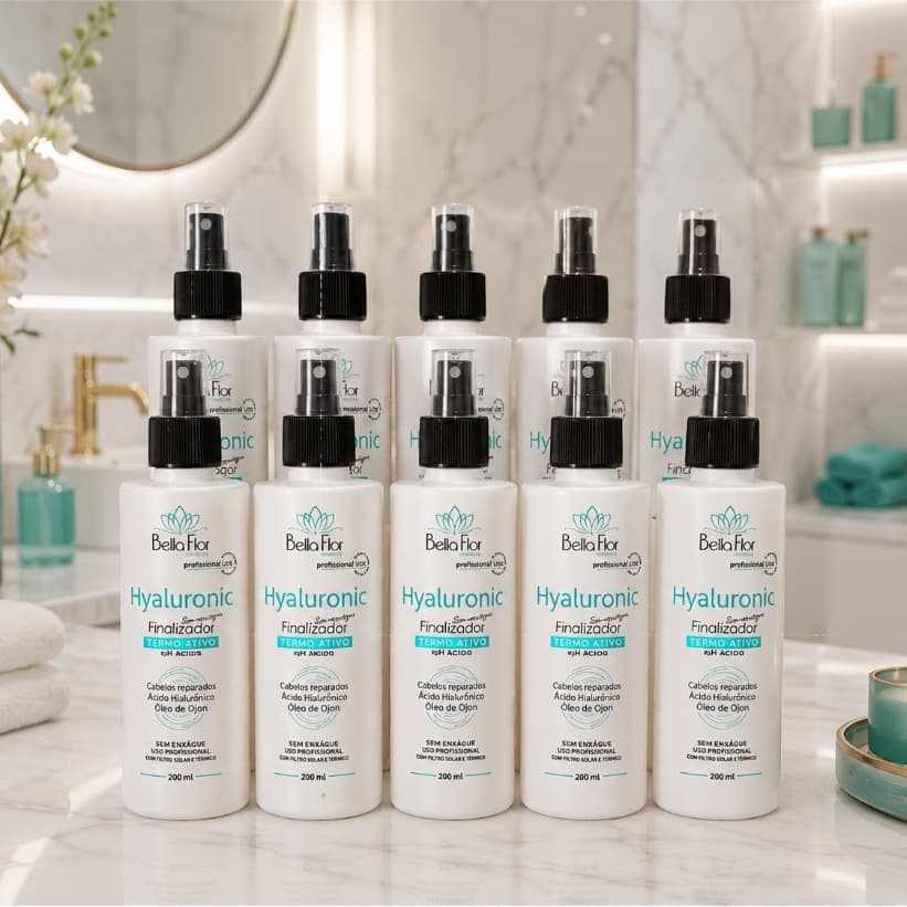 Kit 10 Spray Finalizador Hyaluronic 250ml Reparador Anti-Frizz Sem Enxágue Bella Flor Controle de Volume Uso Diário