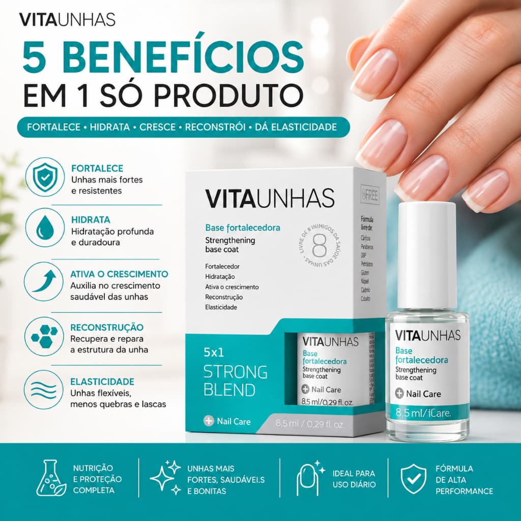Base Fortalecedora Vitaunhas 5x1 Strong Blend Unhas Fracas Quebradiças Crescimento Saudável Reconstrução 8,5ml
