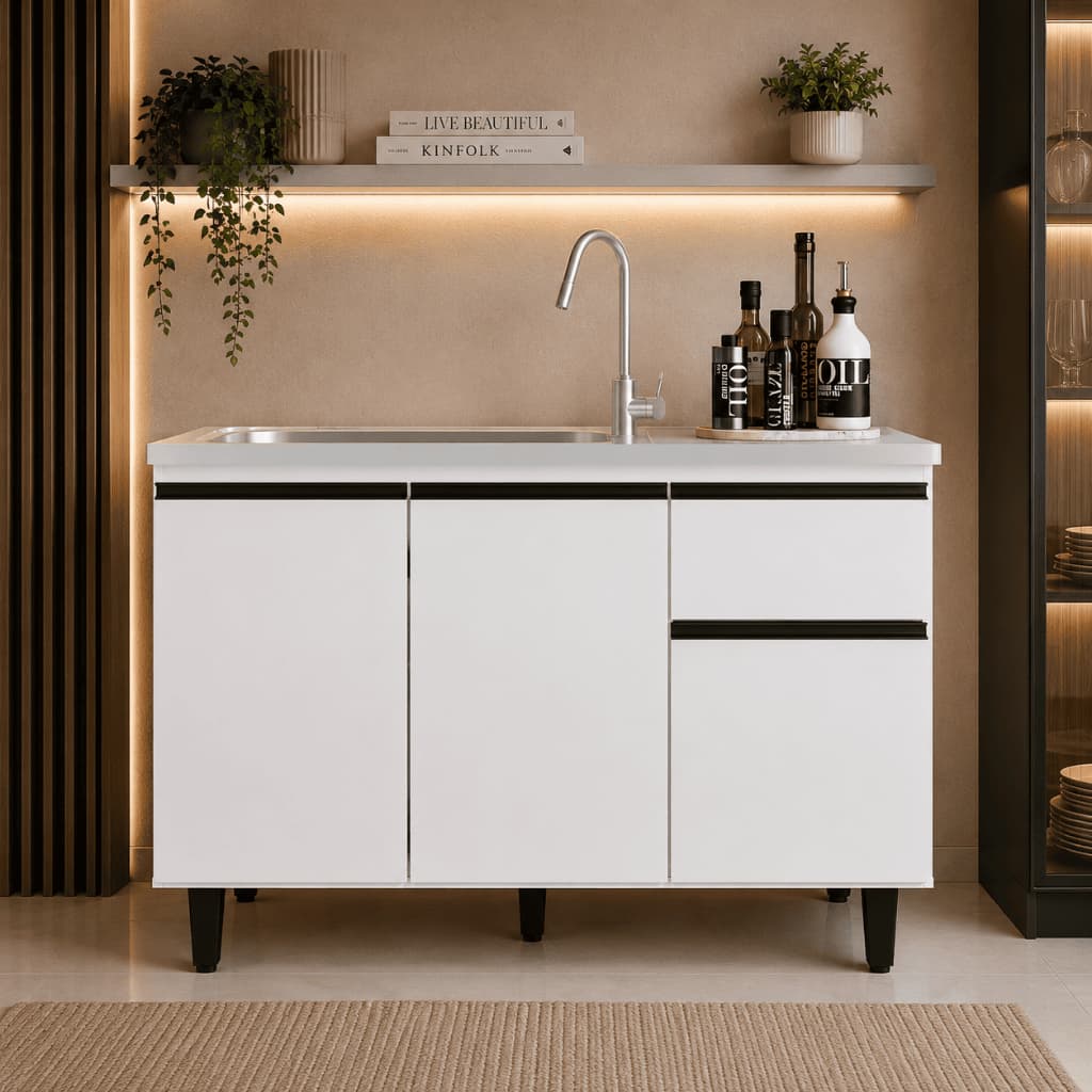 Balcão Canadá Cozinha Lavanderia 120cm 3 Portas 1 Gaveta MDF MDP Puxador Metalico Pés PVC Resistente