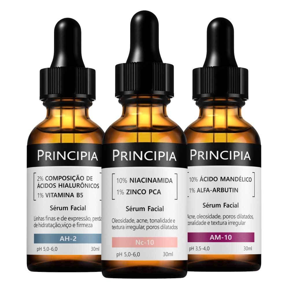 Principia Kit Trio Hidratação e Anti Manchas c/ Sérum Niacinamida Nc-10 + Mandélico AM-10 + Ácidos Hialurônicos AH-2