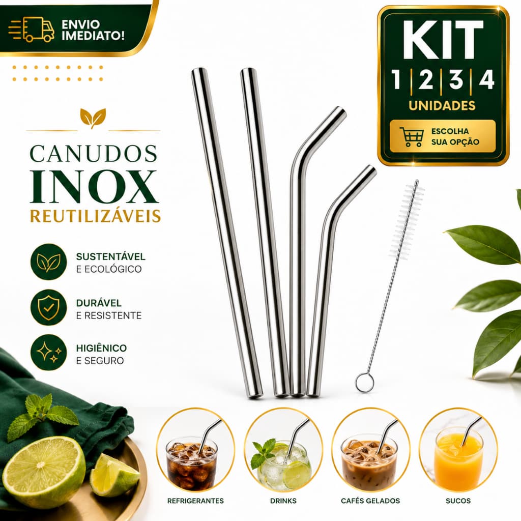 Conjunto de Canudos Inox 1/2/3/4 Reutilizáveis com Escova de Limpeza Aço Inoxidável Premium para Drinks Sucos Cafés