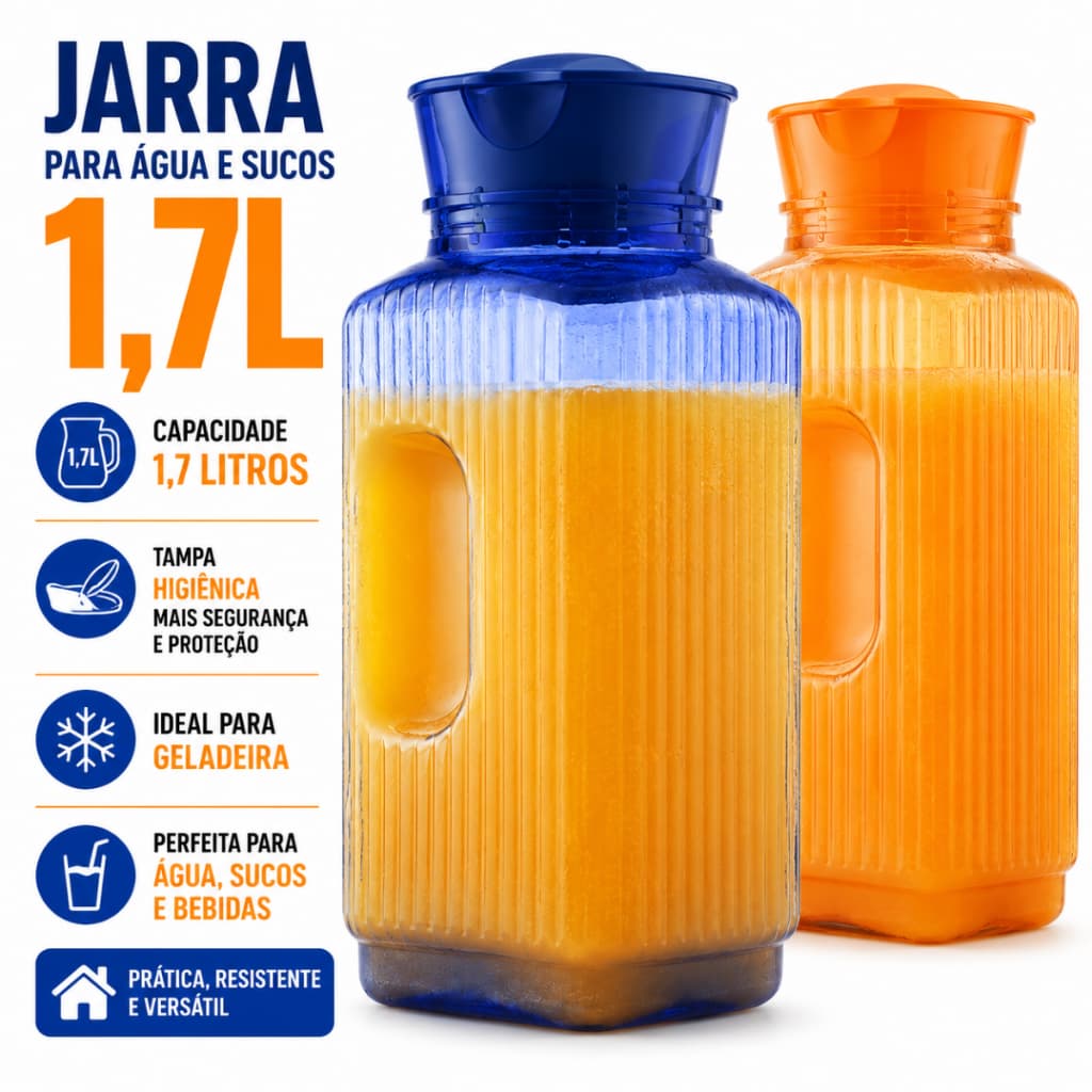 Jarra Garrafa Para Água E Suco 1,7L Bandeirante Tampa Higiênica Ideal Para Geladeira E Cozinha Casa