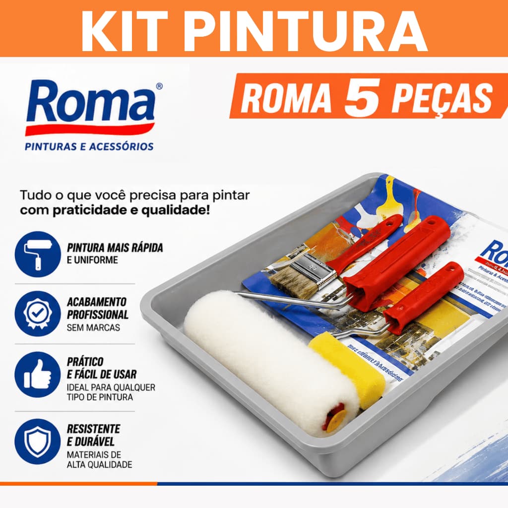 kit pintura 5 peças roma  rolo bandeja pincel pintura parede completo