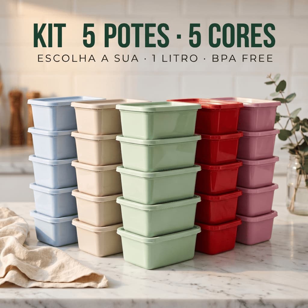Kit 5 Potes Plásticos 1L Retangular Alta Qualidade BPA Free Ideal para Micro-ondas e Freezer