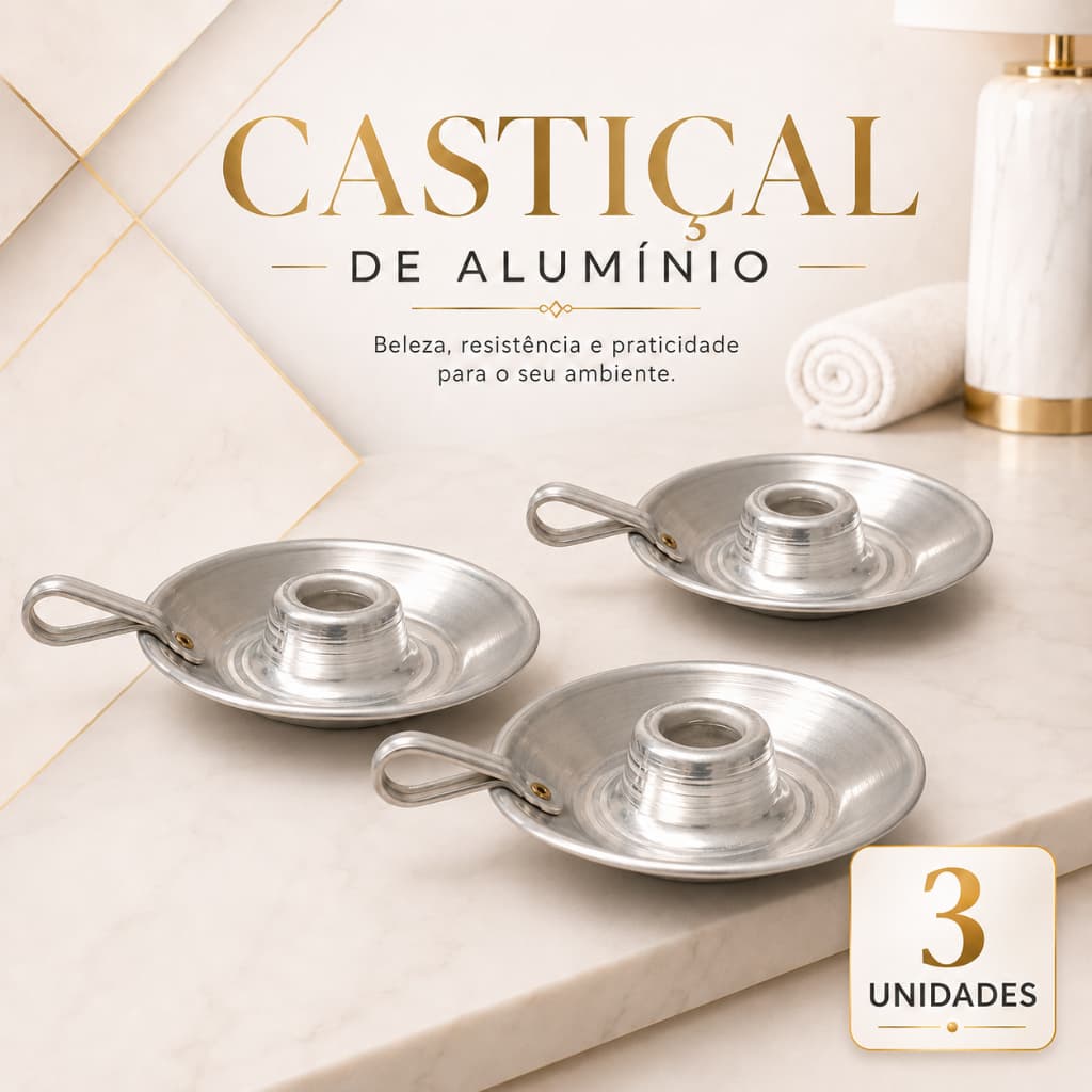 Kit 3 Castiçais Alumínio Prata Para Vela Palito Igreja Altar Decoração